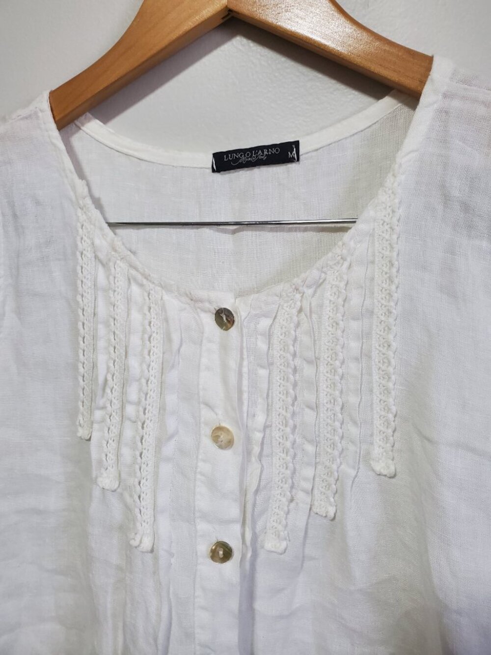 LUNGO L'ARNO 100% Linen Sleeveless Tunic Top White Medium Henley Summer Beach - Picture 3 of 13